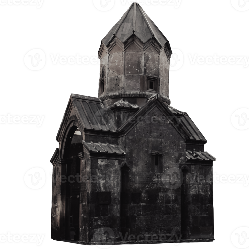 Oriental church with spires in Yerevan faded image isolated PNG photo with transparent background.