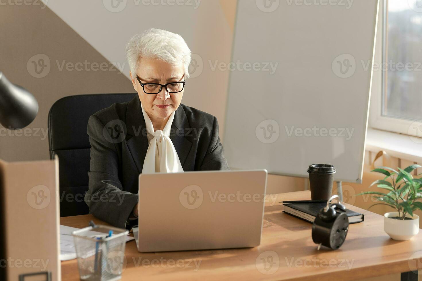 Confident stylish european middle aged senior woman using laptop at workplace. Stylish older mature 60s gray haired lady businesswoman sitting at office table. Boss leader teacher professional worker. photo