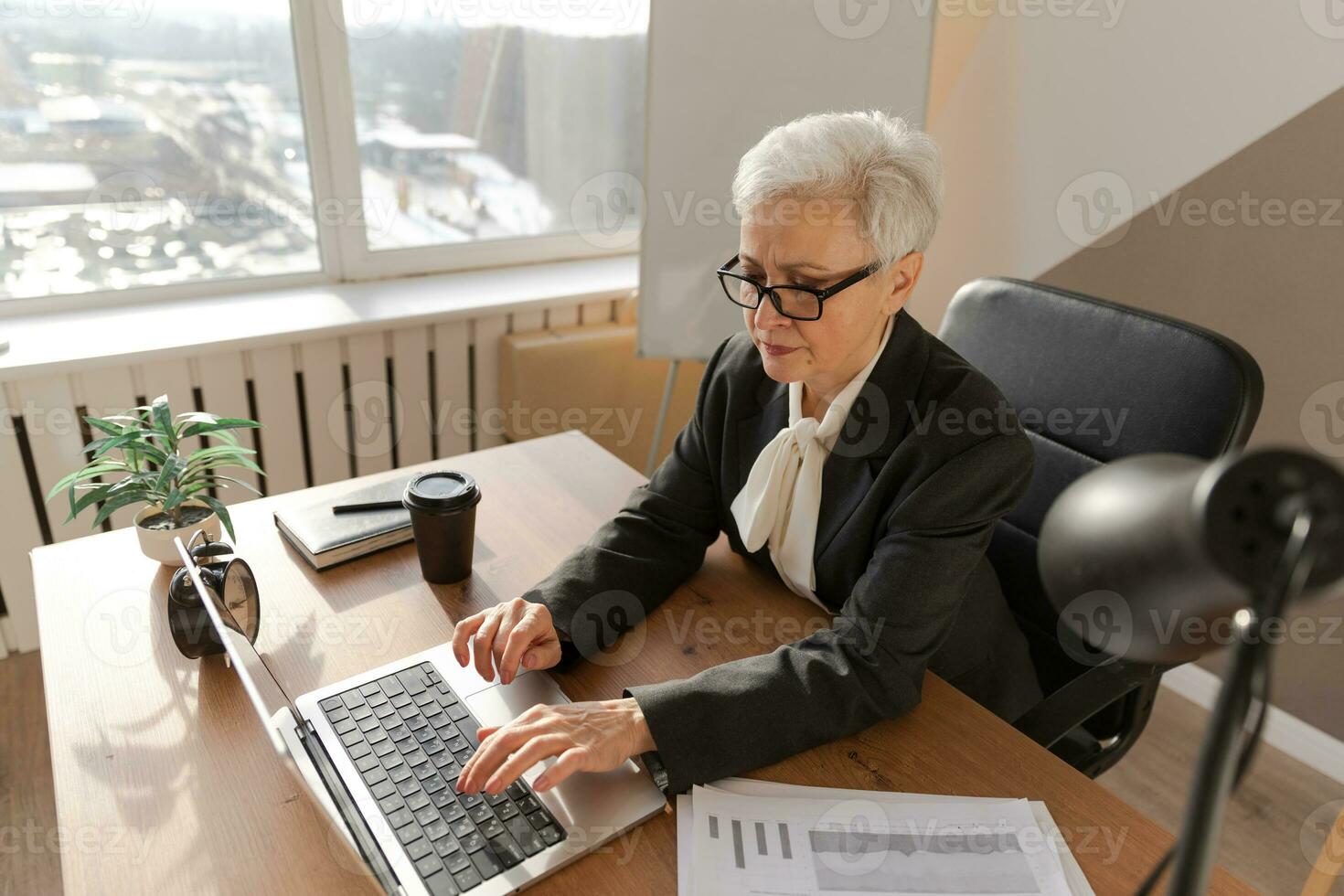 Confident stylish european middle aged senior woman using laptop at workplace. Stylish older mature 60s gray haired lady businesswoman sitting at office table. Boss leader teacher professional worker. photo