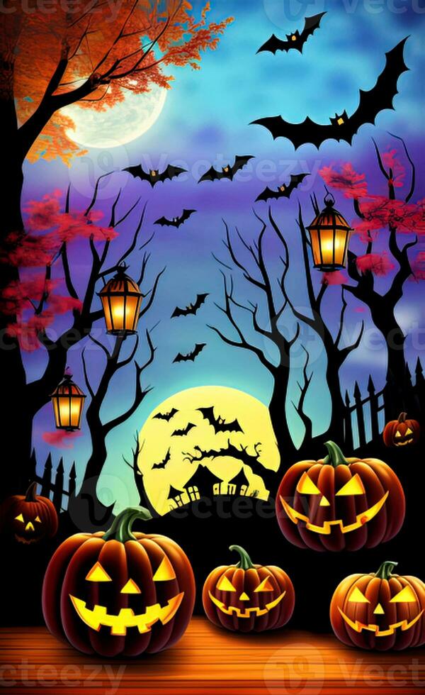 halloween illustration, glowing pumpkins on the background of the old castle, design, AI photo