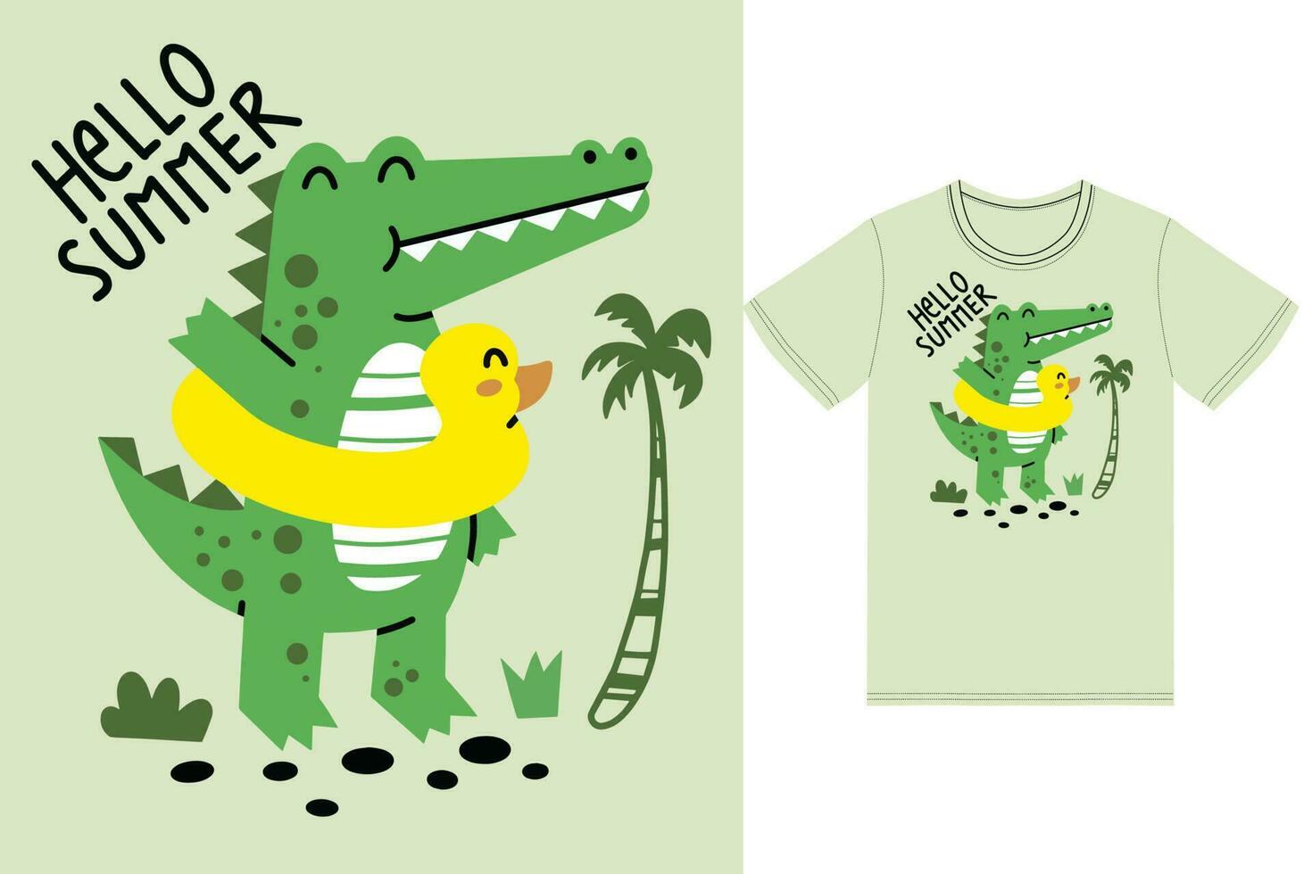 Cute summer crocodile illustration with tshirt design premium vector