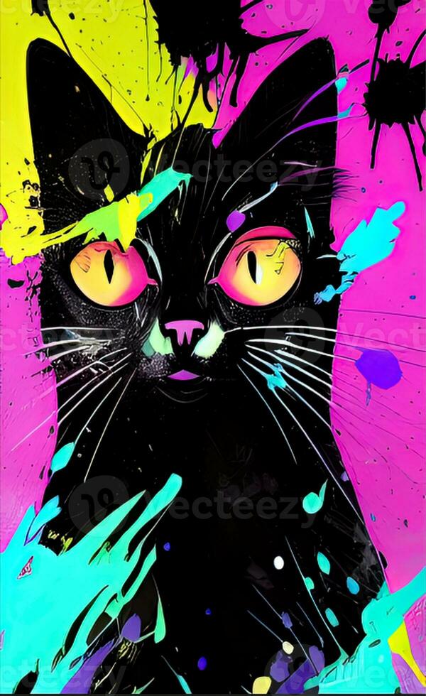 illustration of a black cat on a background of colored spots, design, ai photo