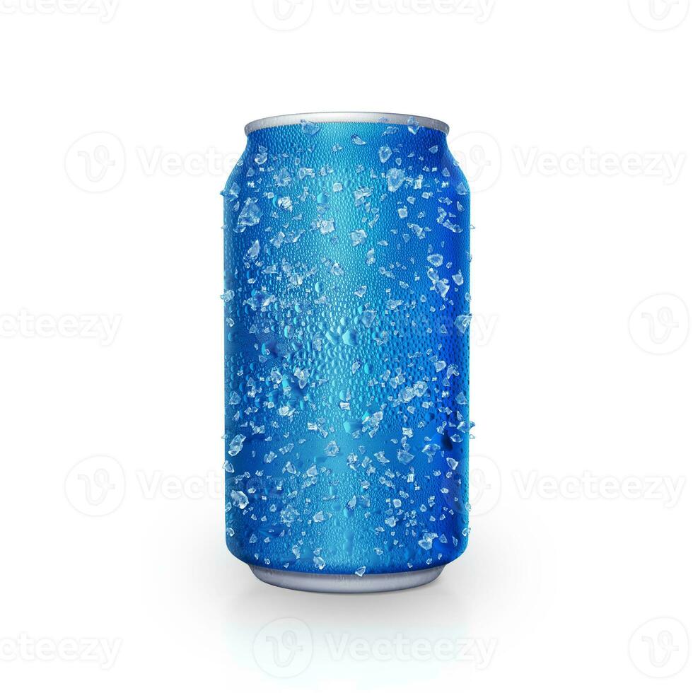 Cans with water droplets and ice on white background photo