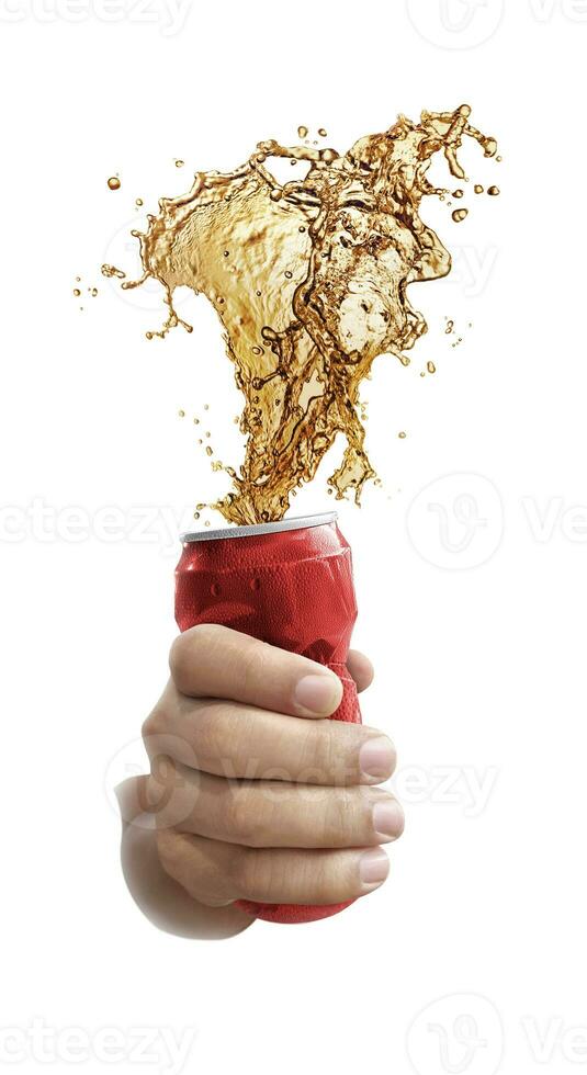 Compressed cans in hand. Cola splashing out of a red can isolated on white background photo