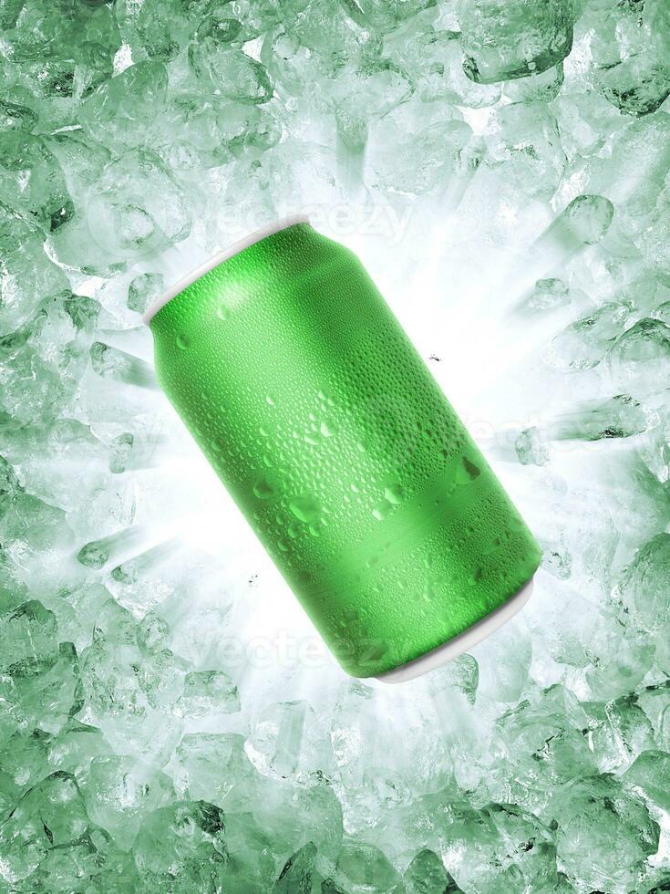 Aluminum can with water droplets, on a Ice broken splash background photo