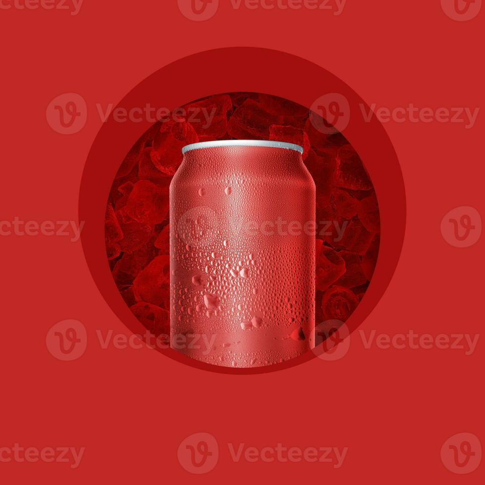 Cans with water droplets and ice on red background photo