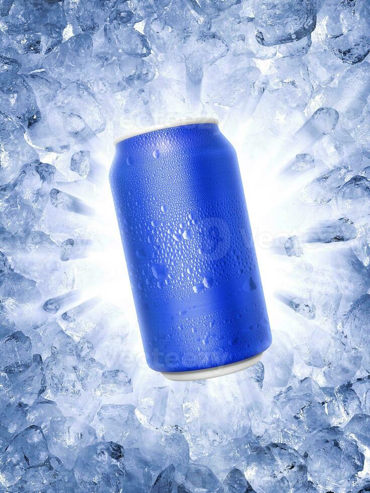 Aluminum can with water droplets, on a Ice broken splash background photo