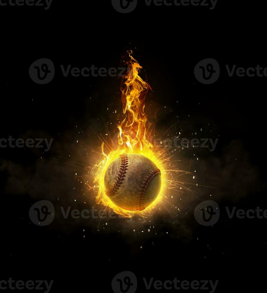 Baseball ball, on fire on black background photo