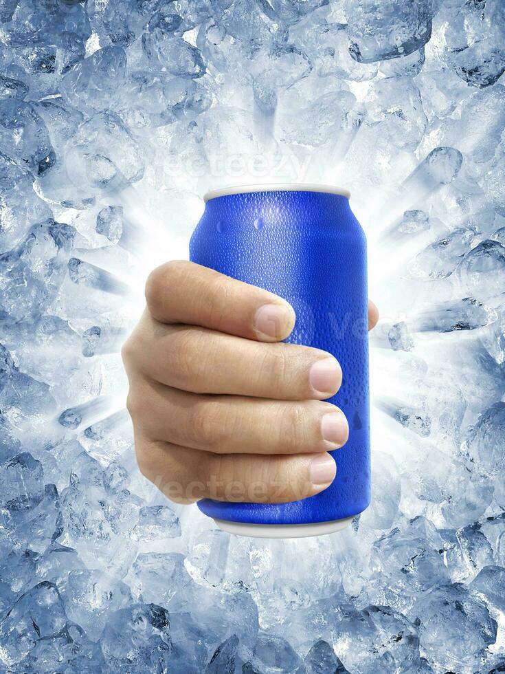 Aluminum can with water droplets in hand, on a Ice broken splash background photo