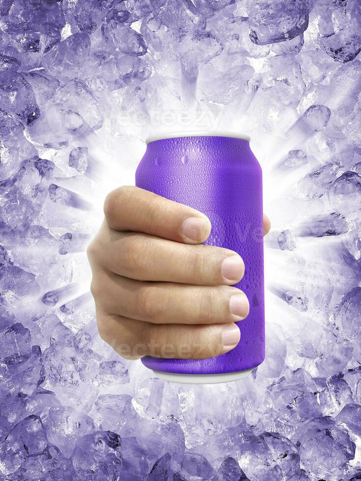 Aluminum can with water droplets in hand, on a Ice broken splash background photo