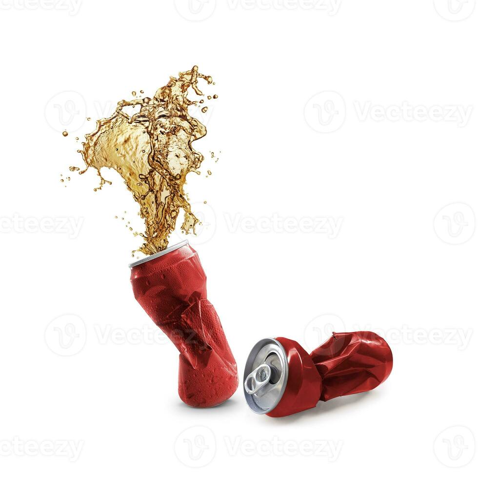 Cola splashing out of a red can isolated on white background photo