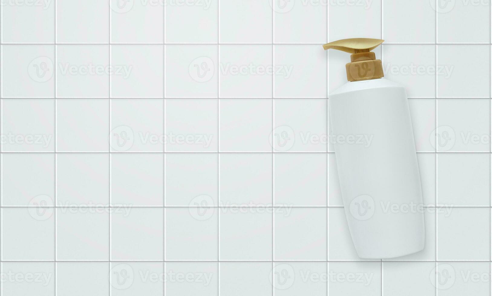 Top view Liquid soap bottle with tile background Bathroom accessories photo