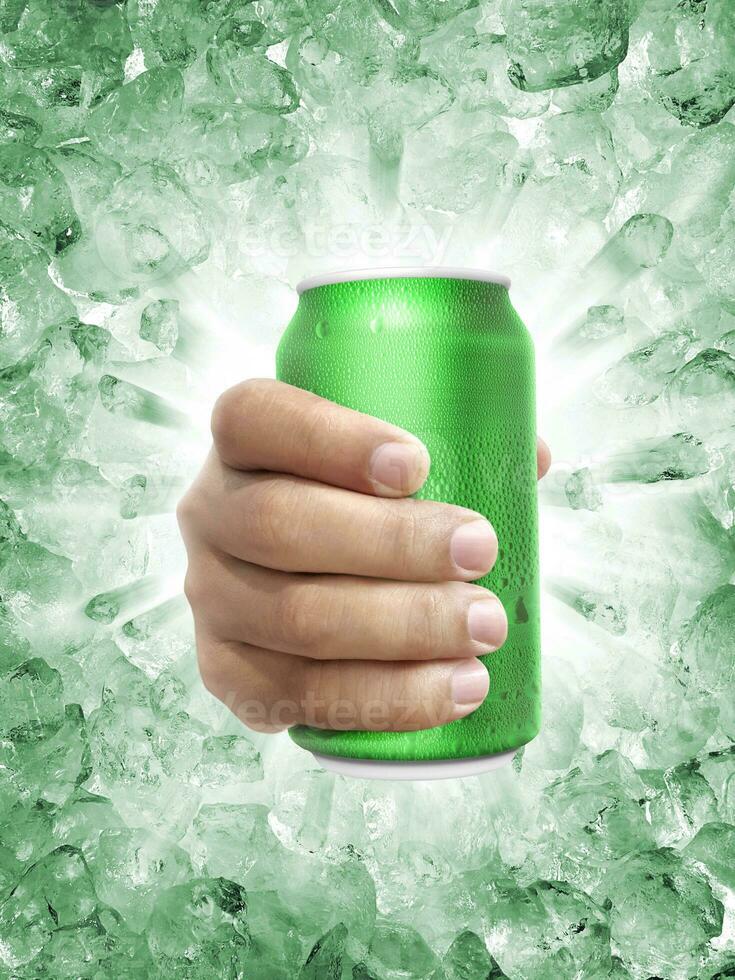 Aluminum can with water droplets in hand, on a Ice broken splash background photo