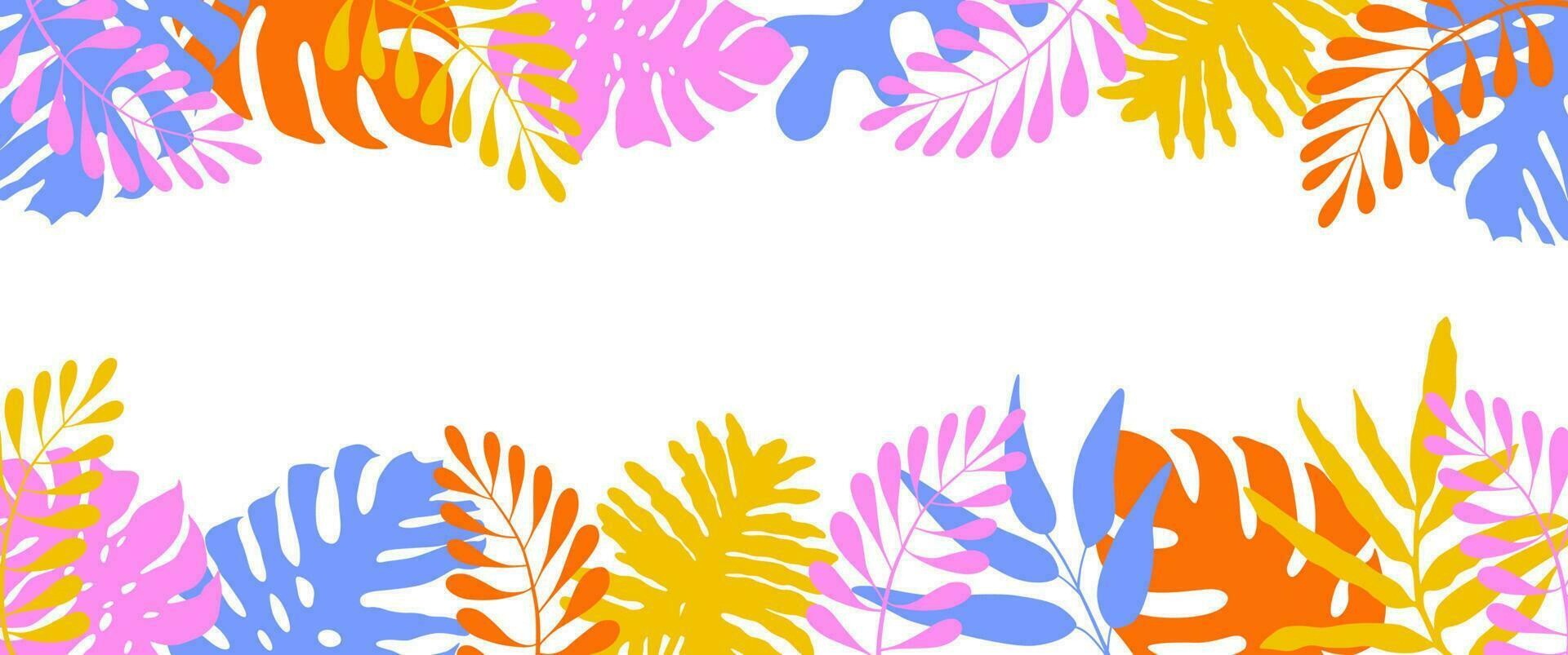 Colorful plants and leaves background. Bright vibrant banner, poster, graphic design template and groovy summer poster. vector