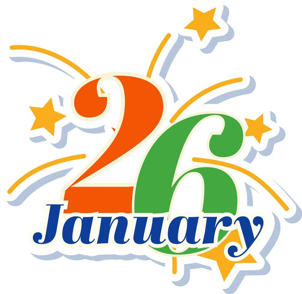 Twenty Six January, Republic Day Sticker With Firework Flat Style. vector