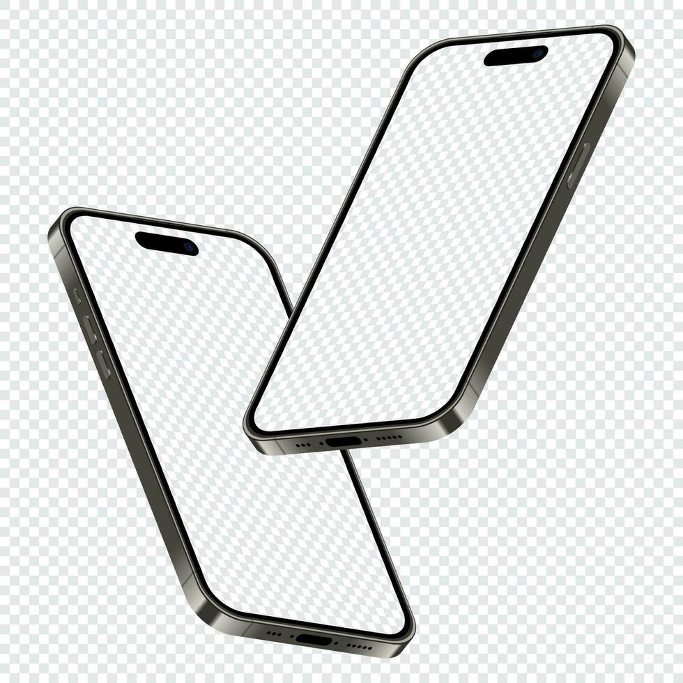 Realistic smartphone mockup. Isometric smartphone set. 3d mobile phones with blank screen. Vector illustration