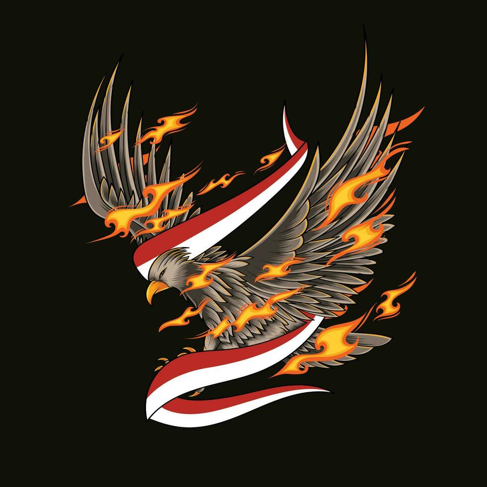 fuego águila dibujo con indonesio bandera vector