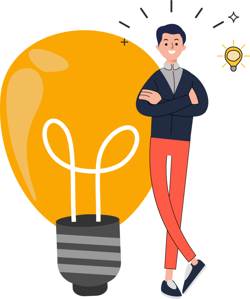 young man standing in front big bulb with idea concept png