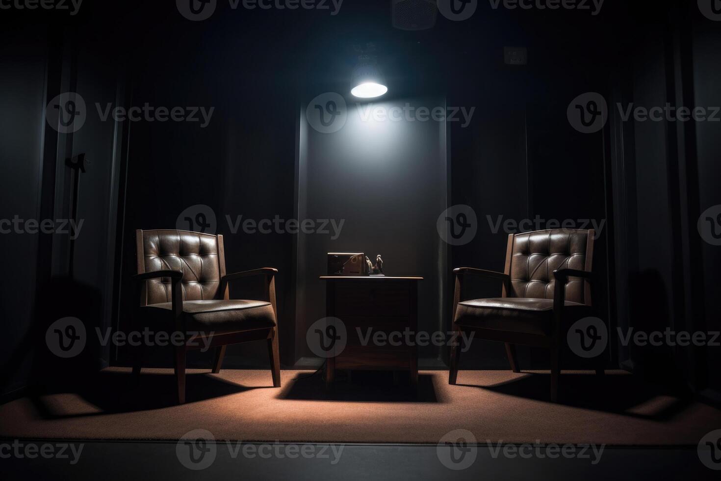 Podcast room interior with two empty chairs and spotlights. photo