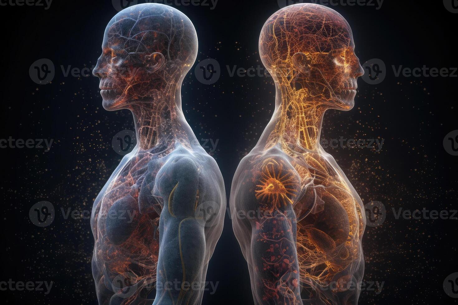 Two human soul silhouettes on dark background. photo