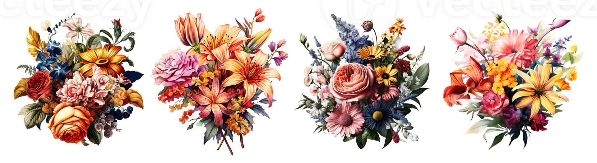 Set of Bunch of flowers on transparent background, Technology png