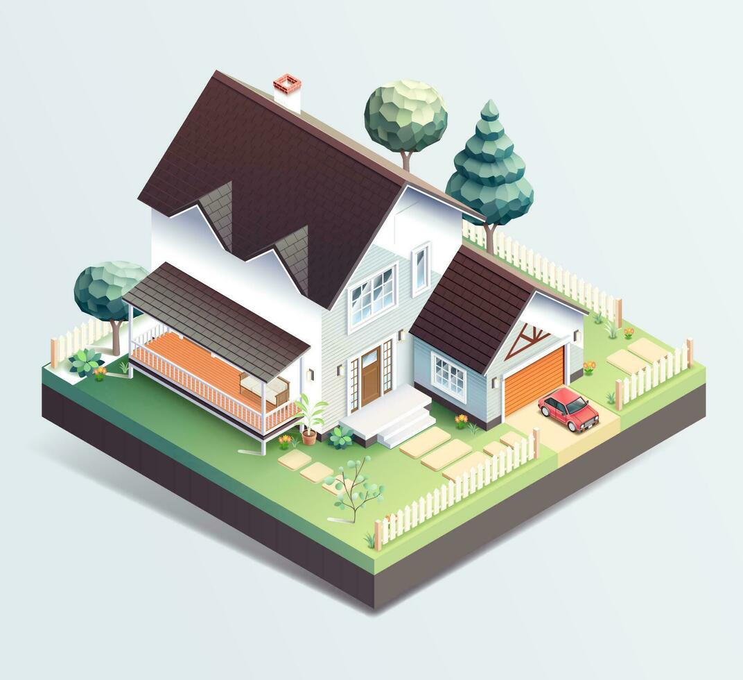 family house building isometric illustration vector