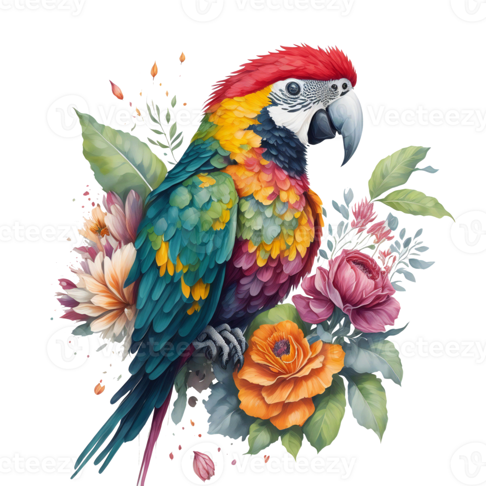 vattenfärg färgrik ara papegoja ClipArt, söder amerikan papegoja med tropisk löv och blommig blomma, söt papegoja konst transparent ai genererad png