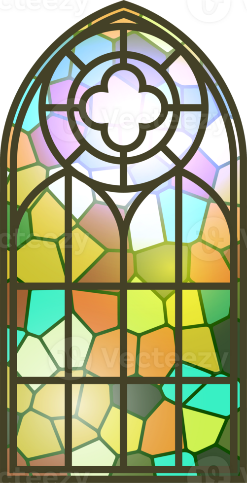 Gothic stained glass window. Church medieval arch. Catholic cathedral mosaic frame. Old architecture design png