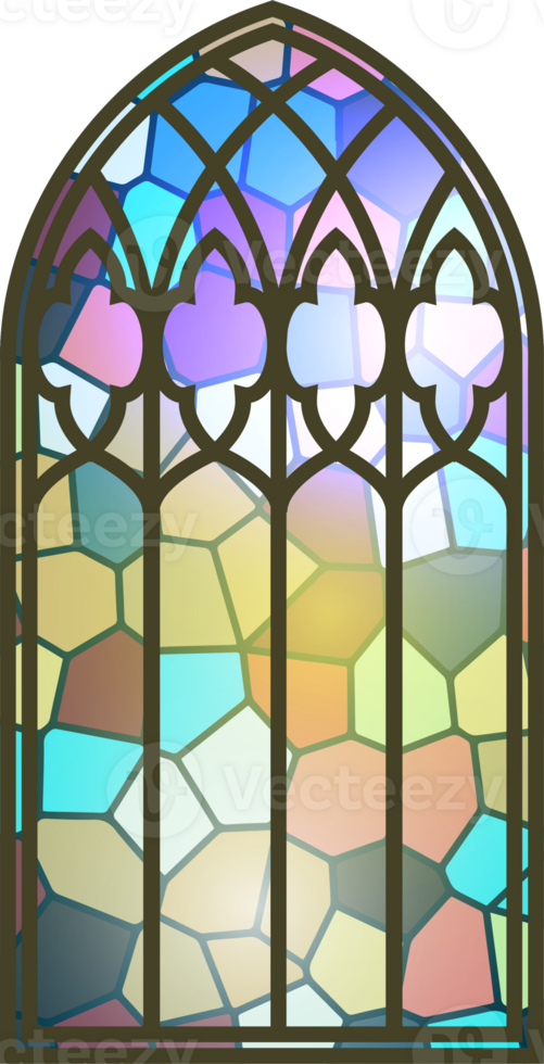 Gothic stained glass window. Church medieval arch. Catholic cathedral mosaic frame. Old architecture design png