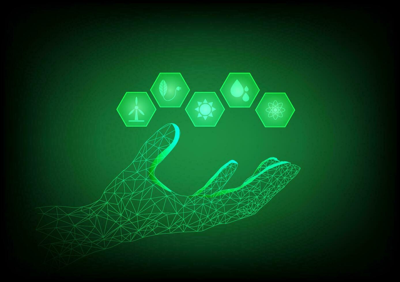 Polygon hand with energy resources icons such as sun, water drop atom chemical, and wind on a green background. Sustainable energy concept. vector