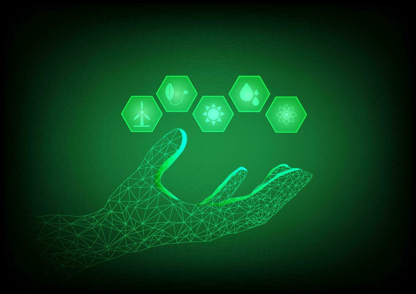polígono mano con energía recursos íconos tal como sol, agua soltar átomo químico, y viento en un verde antecedentes. sostenible energía concepto. vector