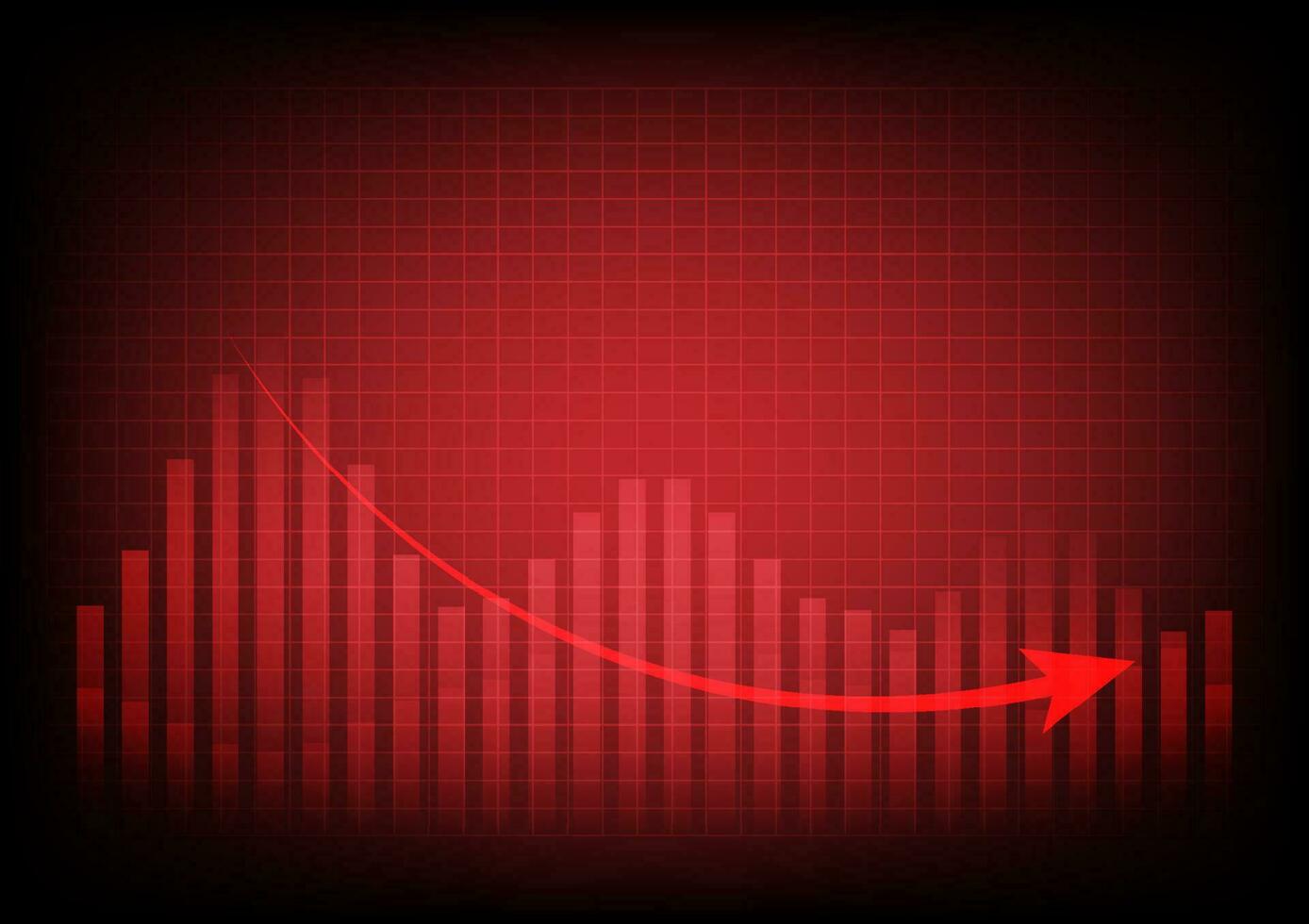 Red arrow graph drop arrow down with  on red background. Money losing. Stock crisis and finance concept. vector