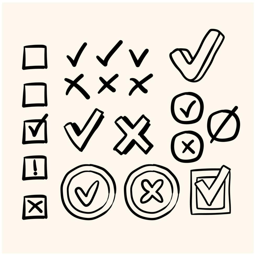 Hand drawn graphic elements set. Check mark, X sign and box, isolated on cream background vector