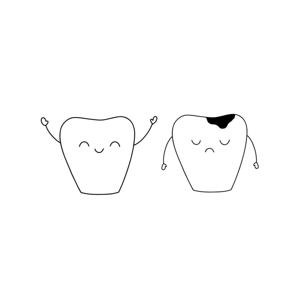 Cheerful smiling and sad sick tooth. Outline doodle illustrations. Dentistry, stomatology and dental care concept. 24596457 Vector Art at Vecteezy for Free Printable Happy Tooth Sad Tooth Printable
