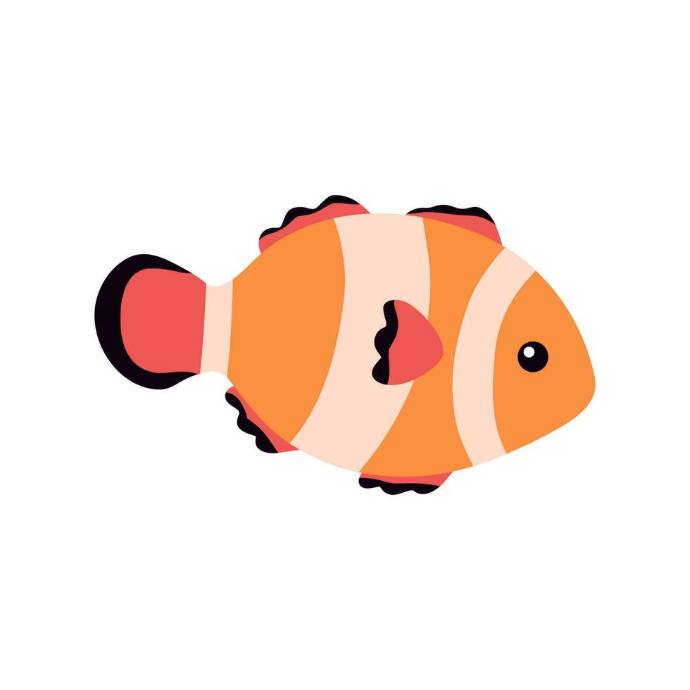 Vector illustration cute clownfish. Vector illustration orange fish in flat cartoon style isolated on white. Sea animal for kids