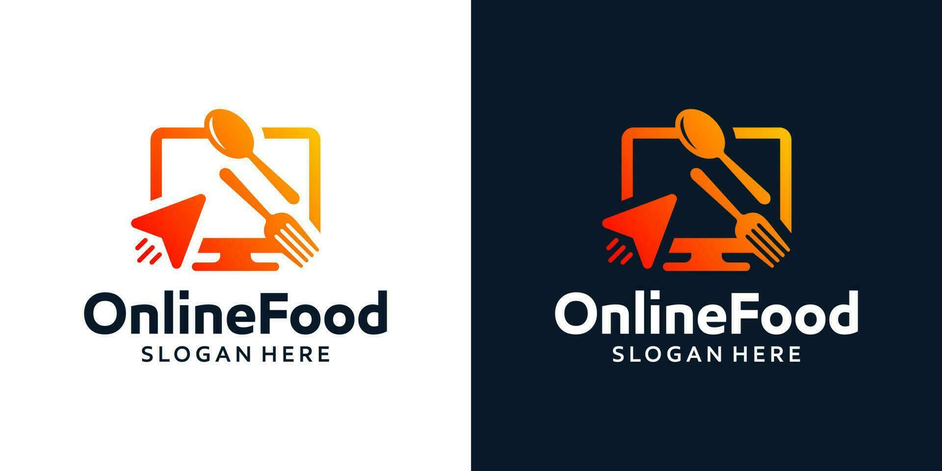 Online food logo design template. Tableware with click and monitor graphic design vector illustration. Symbol, icon, creative.