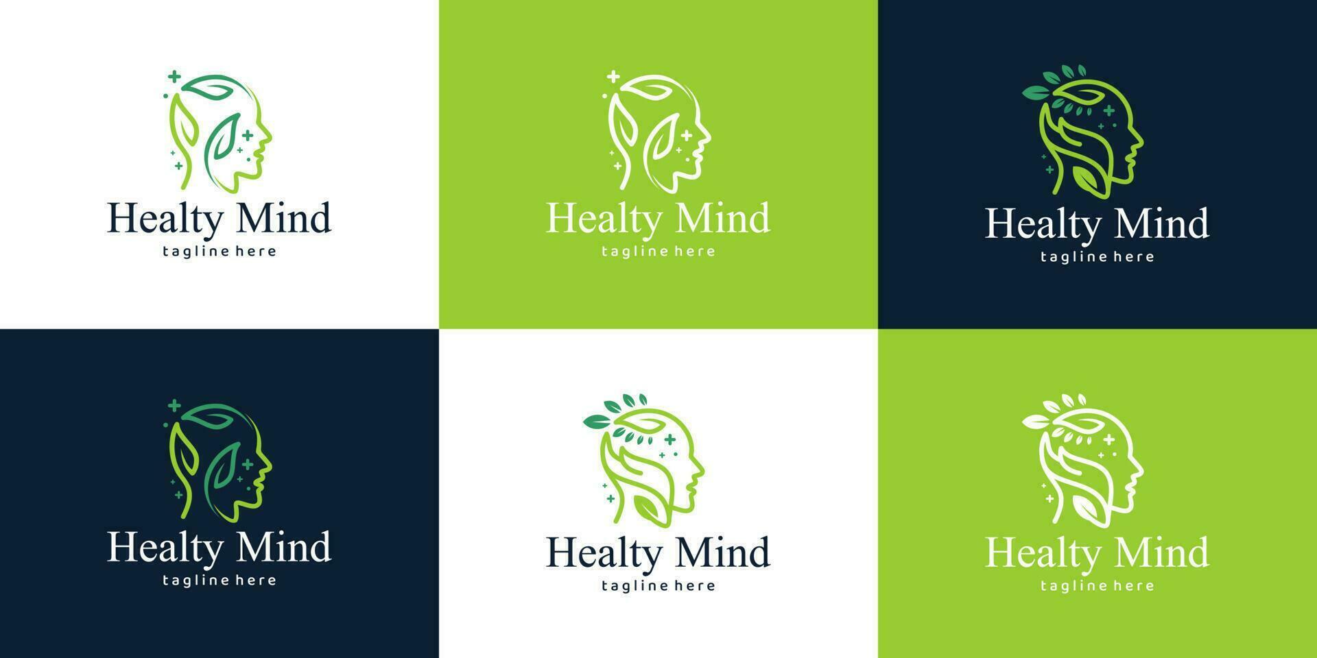 Collection of Mental health logo. Psychotherapy symbol concept. Human head with natural therapy mind graphic design vector illustration.