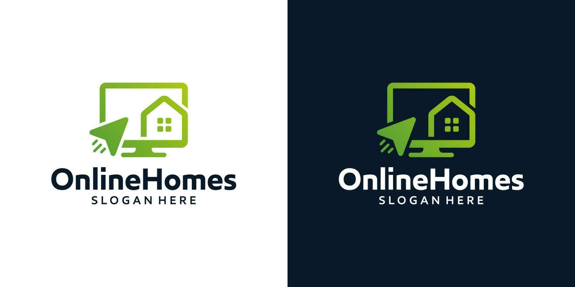 Online shop logo design with house, click, and monitor graphic design vector illustration. Symbol, icon, creative.
