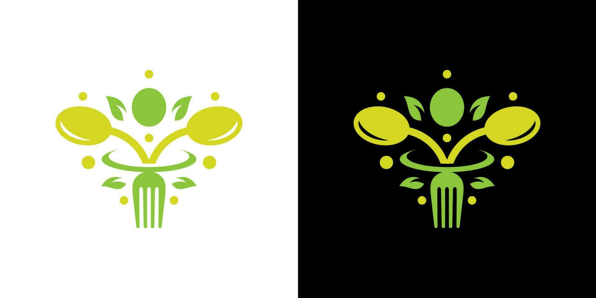 Healthy food diet logo design with spoon, fork, and leaf design graphic vector illustration. Symbol, icon, creative.