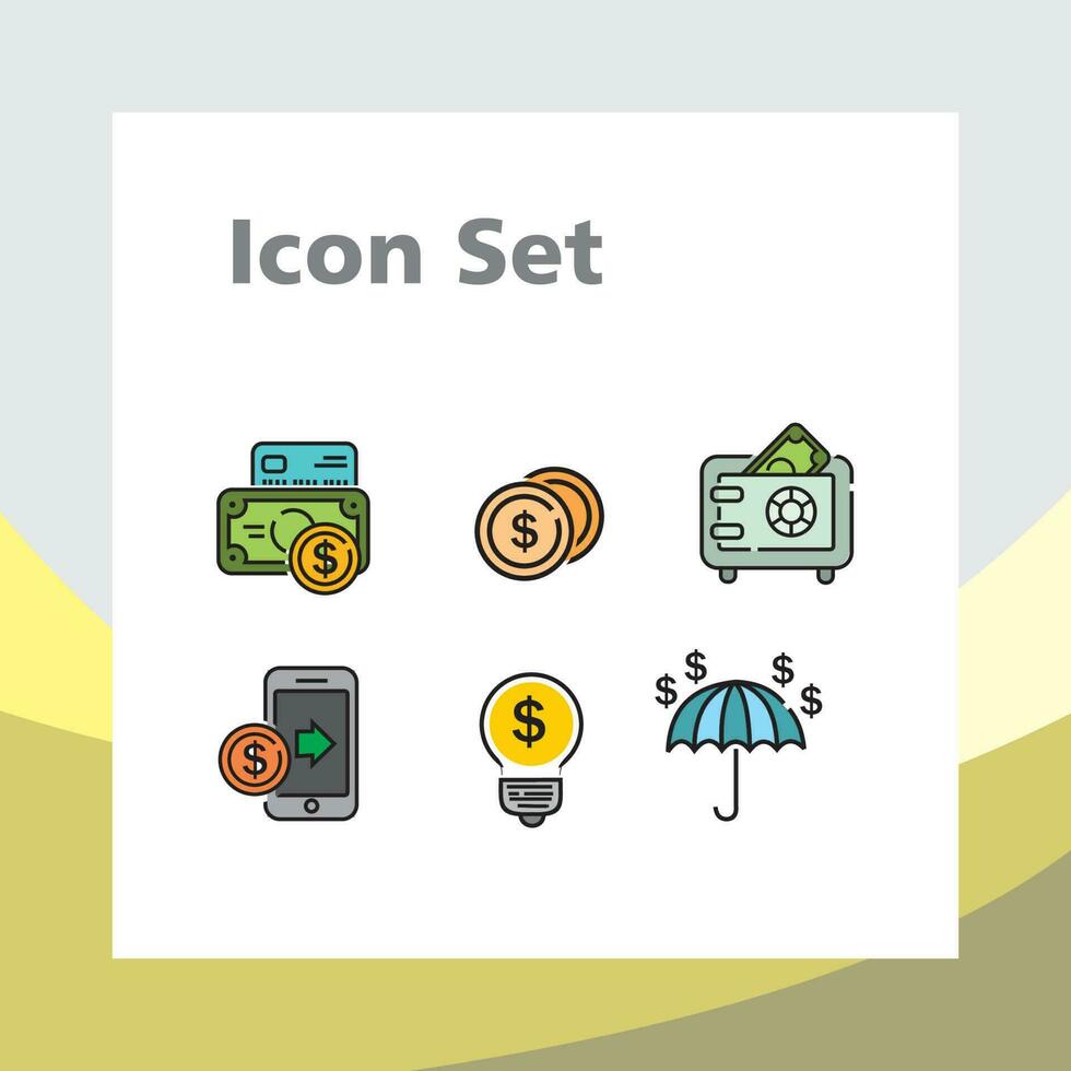 Finanzas icono, conjunto de financiero símbolos, ilustraciones de billetes de banco, monedas, lámpara, seguro y paraguas vector