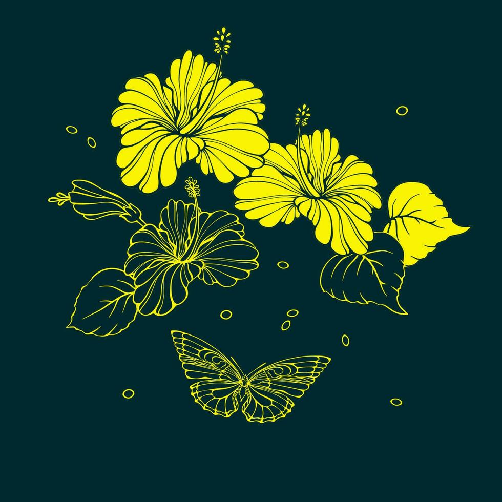 Botanical pattern with tropical flowers and butterflies. Hibiscus. Vector illustration.