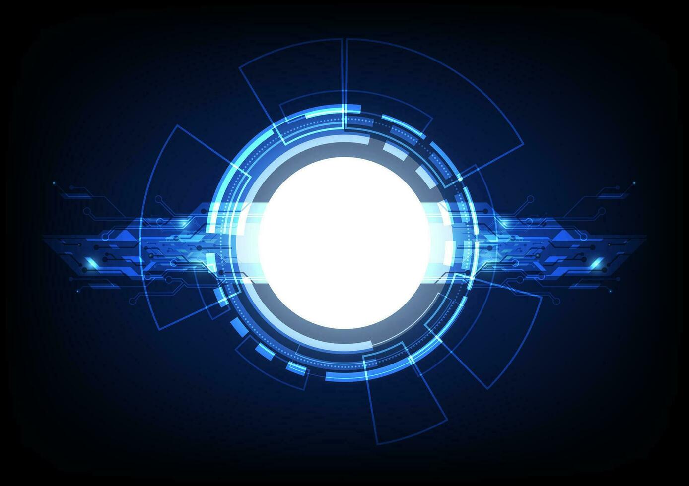 Abstract technology vector illustration background. Futuristic digital cyberspace innovation with circle HUD and circuit elements on dark blue background