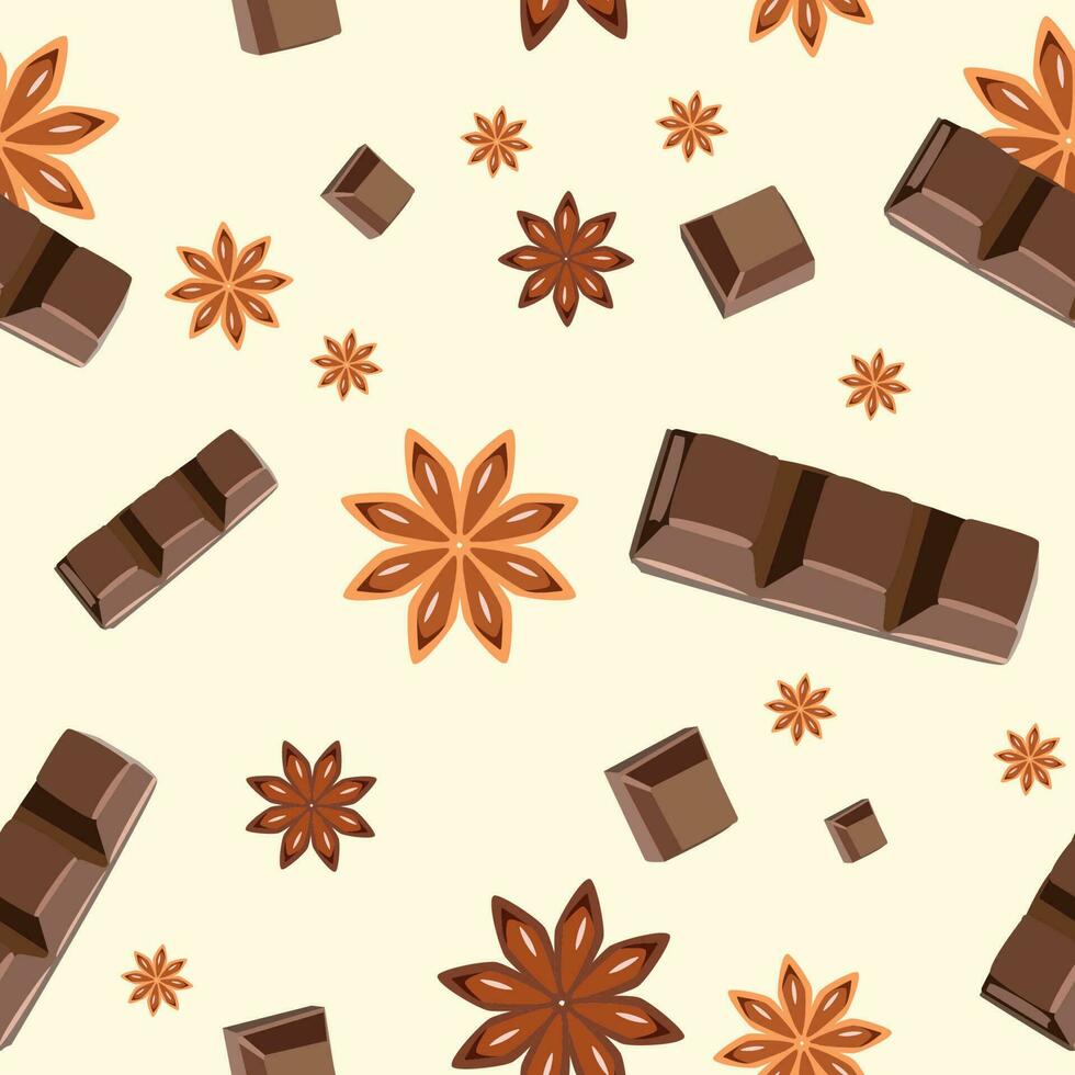 Chocolate slices and star anise, a seamless pattern for textiles, wallpaper, kitchen decor. Cooking, spices, sweets in vector style