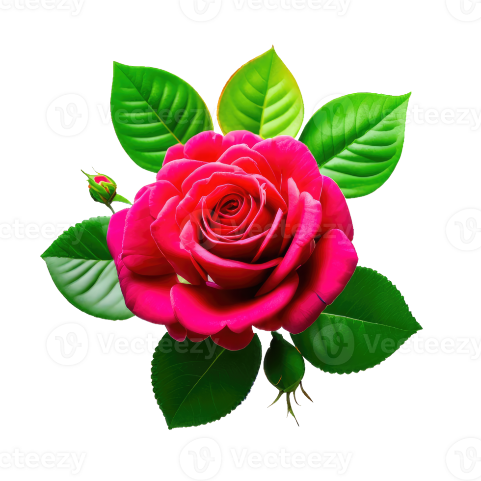 A beautiful red rose with jacaranda color with green leaves, PNG transparent image