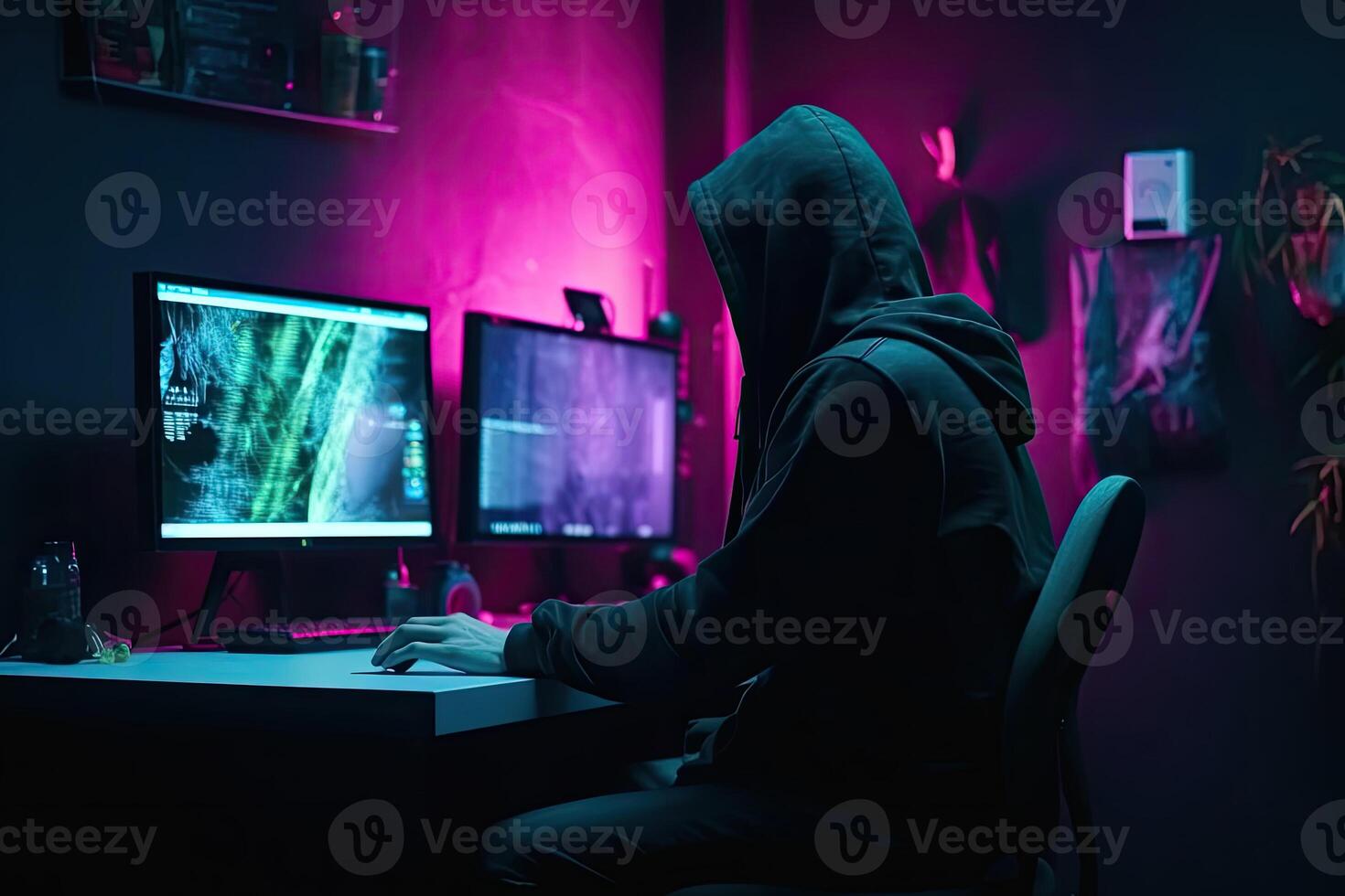 Back view of man in hoodie using computer in dark room. photo