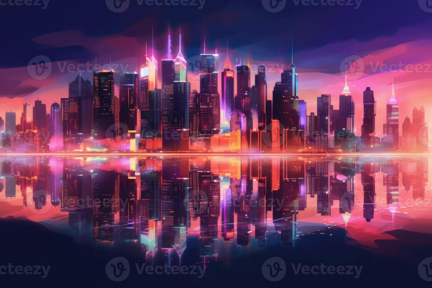 Neon colored cityscape skyline at night. photo
