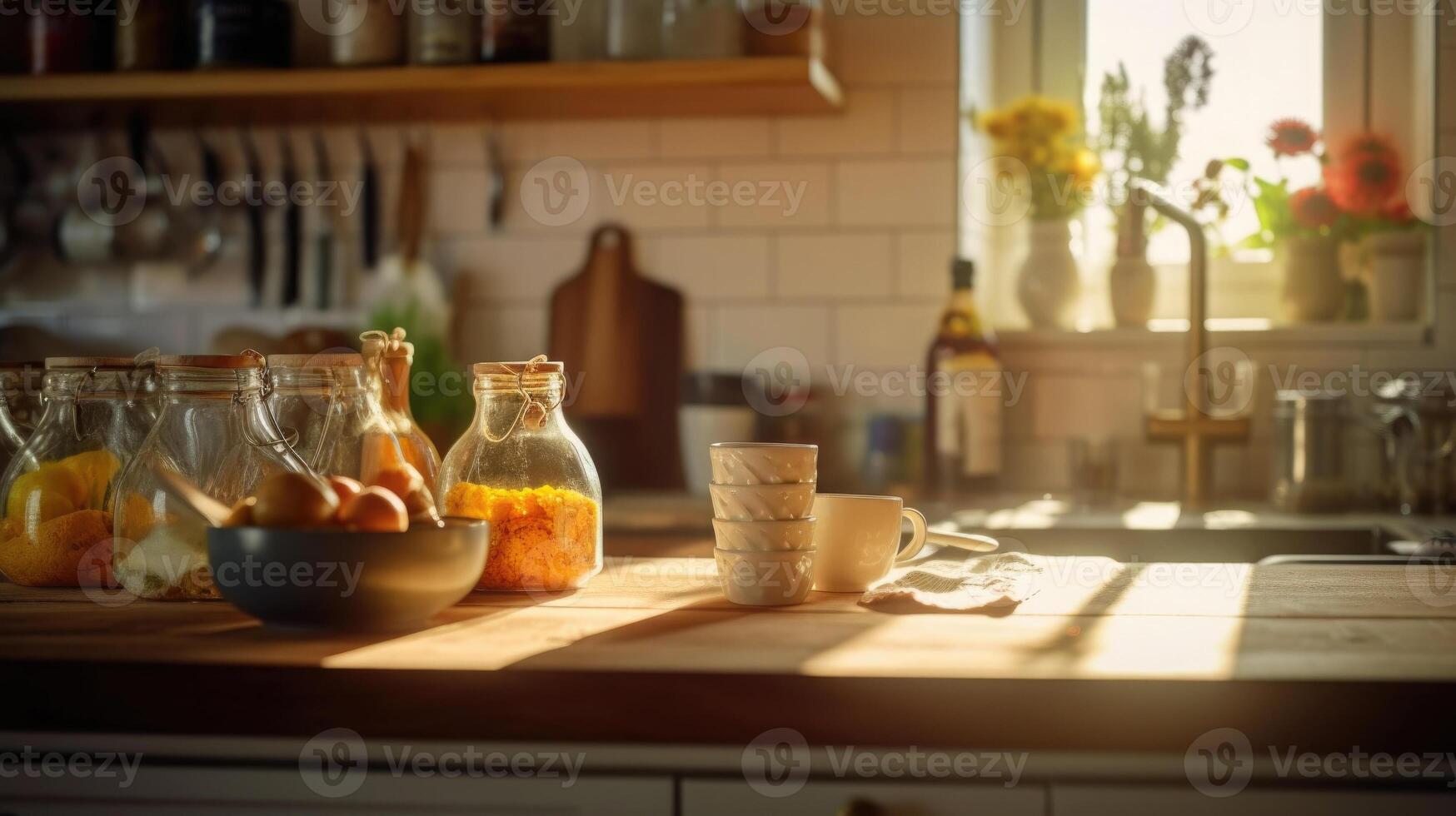Kitchen wooden table top with breakfast at morning time. photo