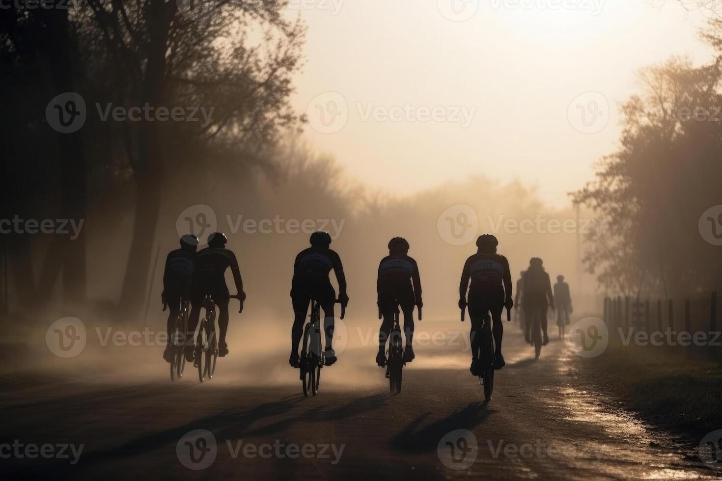 Silhouettes of professional cyclists on road at sunset. photo