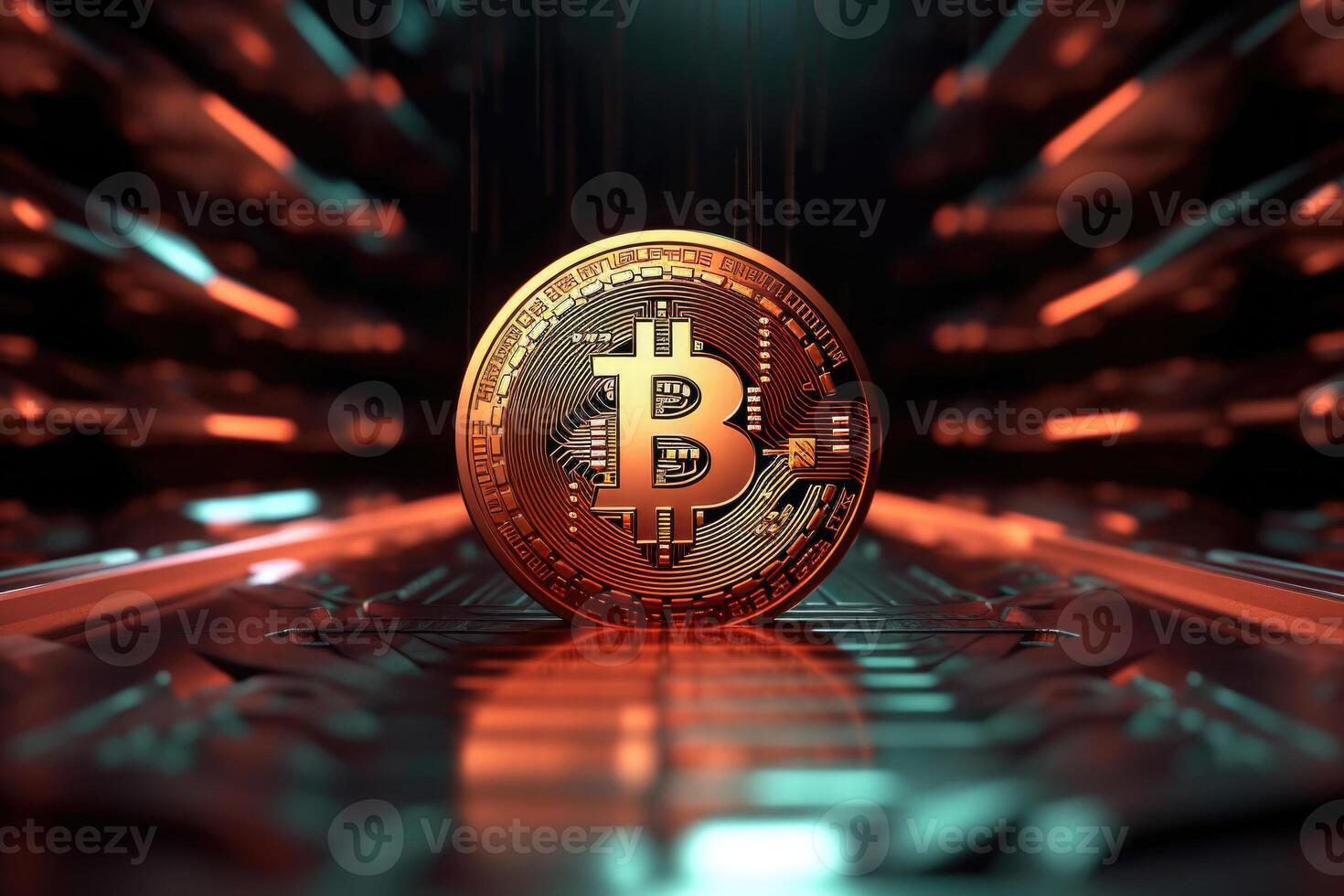Virtual cryptocurrency. Golden Bitcoin on technology background. photo