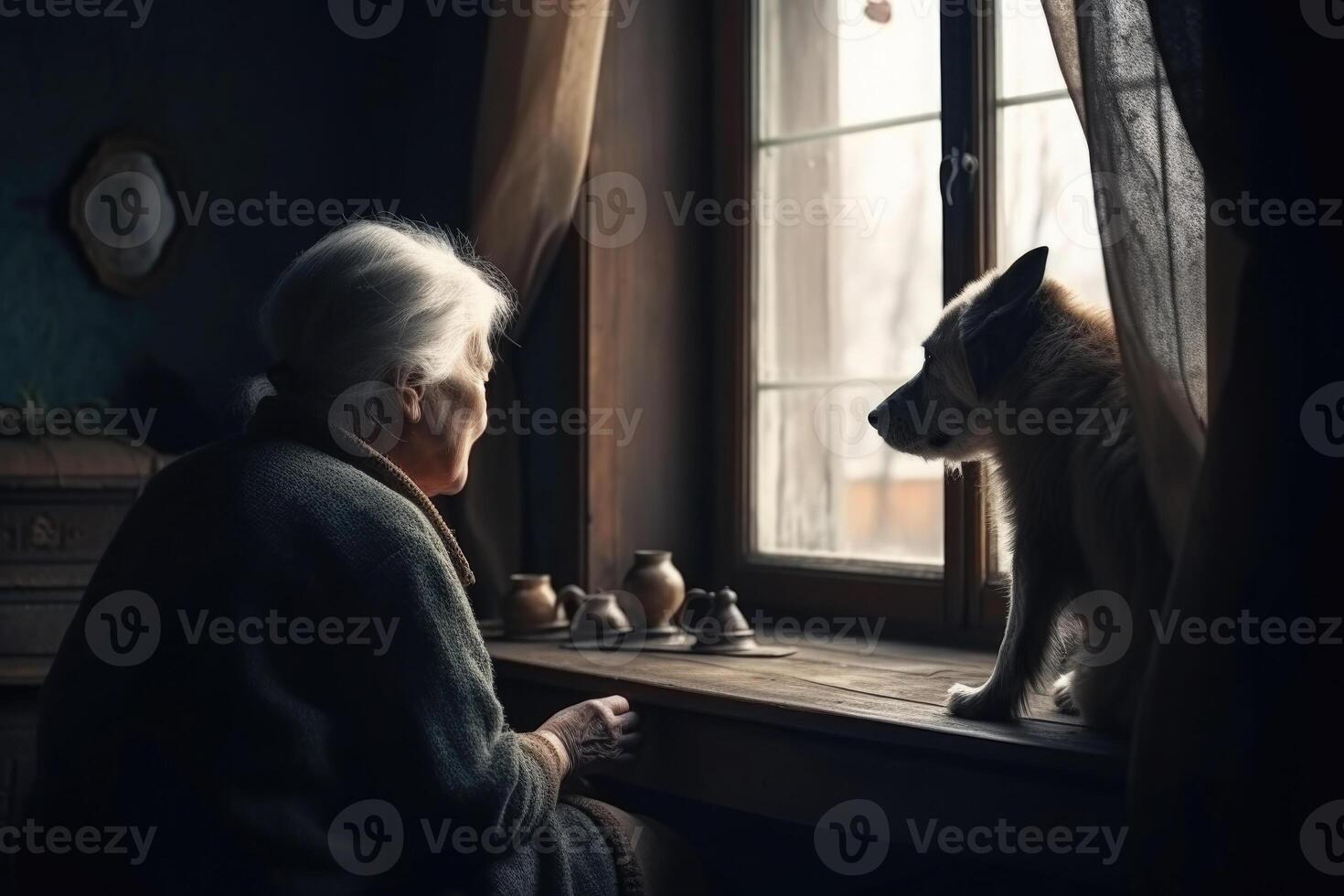 Alone senior woman sitting near window with dog. photo